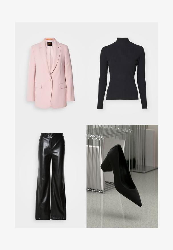 Rosa skræddersyet blazer med notched lapels, enkelt knaplukning, to frontlommer og en glat tekstur. Brandmærke synligt indeni kraven.; Sort ribbet turtle-sweater med lange ærmer. Lavet af strækbart stof med en tætsiddende pasform og høj krave. Enkel design uden udsmykninger.; Sorte læder bukser med bred ben, glat tekstur, høj talje og skjult lynlås foran. Skræddersyet pasform med en ren finish.; Sort højhælet sko med spidse tæer og en kraftig hæl, lavet af struktureret læder, svævende over et glat gulv.