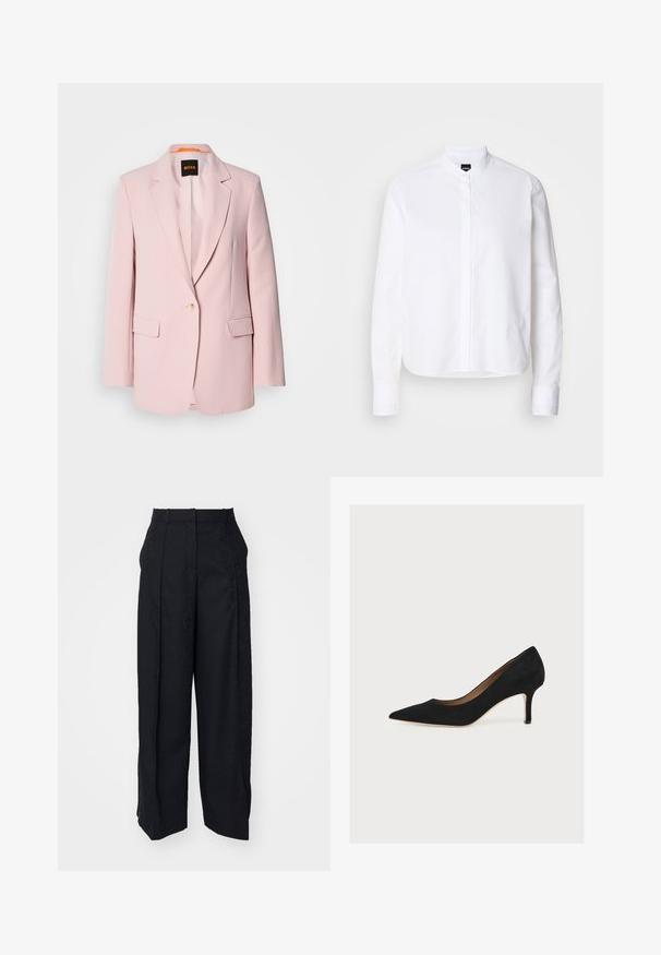 Roze op maat gemaakte blazer met geknipte revers, enkele knoopsluiting, twee voorzakken en een gladde textuur. Merktag zichtbaar aan de binnenkant van de kraag.; Witte overhemd met een voorpanneel, lange mouwen en knoopmanchetten. Gemaakt van glad katoen met een gestructureerde pasvorm.; Zwarte broek met een gestructureerd patroon. Voorzien van een geplooide voorkant, zijzakken en een recht model. Het materiaal lijkt glad te zijn.; Zwarte suède pump met puntige neus, middenhoge naaldhak en tan binnenzool op een lichte achtergrond.