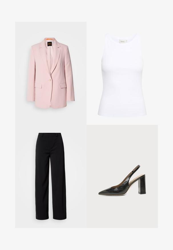Rosa skræddersyet blazer med notched lapels, enkelt knaplukning, to frontlommer og en glat tekstur. Brandmærke synligt indeni kraven.; Hvid ribbet tanktop med rund halsudskæring og uden ærmer. Strækbart stof og tætsiddende design. Etiketten bagpå viser "GESTUZ."; Sorte brede bukser lavet af glat stof, med et klassisk talje bånd og en skræddersyet silhuet med frontlommer.; Sort læder peep-toe slingback sko med høj blokhæl og beige indvendig foring mod en ensfarvet lys baggrund.