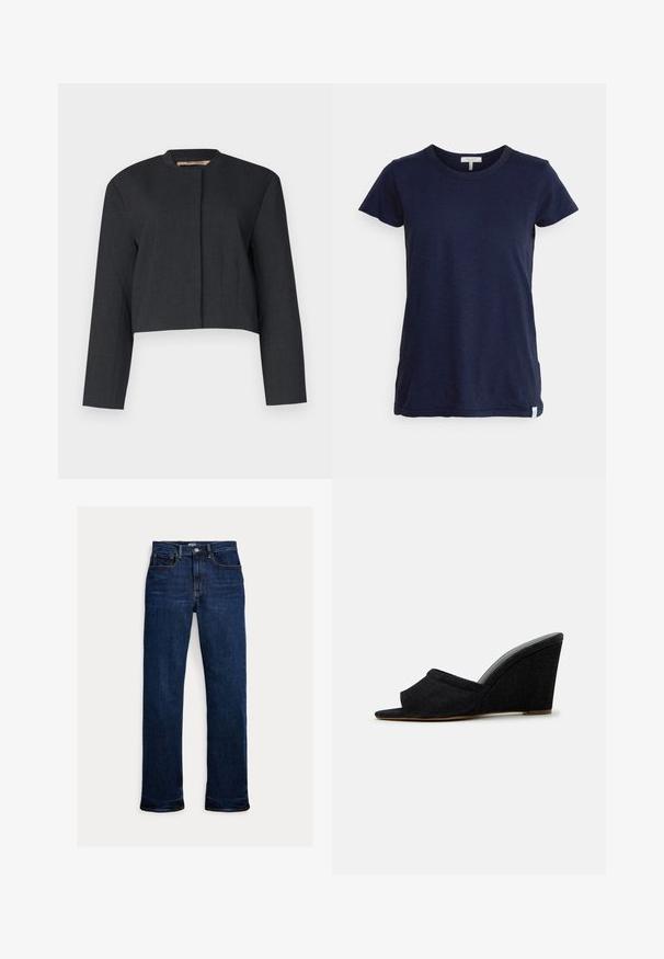 Afkortet mørkegrå jakke lavet af tekstureret stof, med lange ærmer og en rund halsudskæring samt et rent frontdesign.; Mørkeblå kortærmet T-shirt i et blødt, let stof, med rund udskæring og et lille logo mærke ved kanten.; Mørkeblå straight-leg jeans med frontknap og lynlås, fem-lomme design og synlige syninger.; Sort kilehælsandal med åben tå og en buet, stofoverdel med struktureret finish. Kilehælen er cirka 8 cm høj.