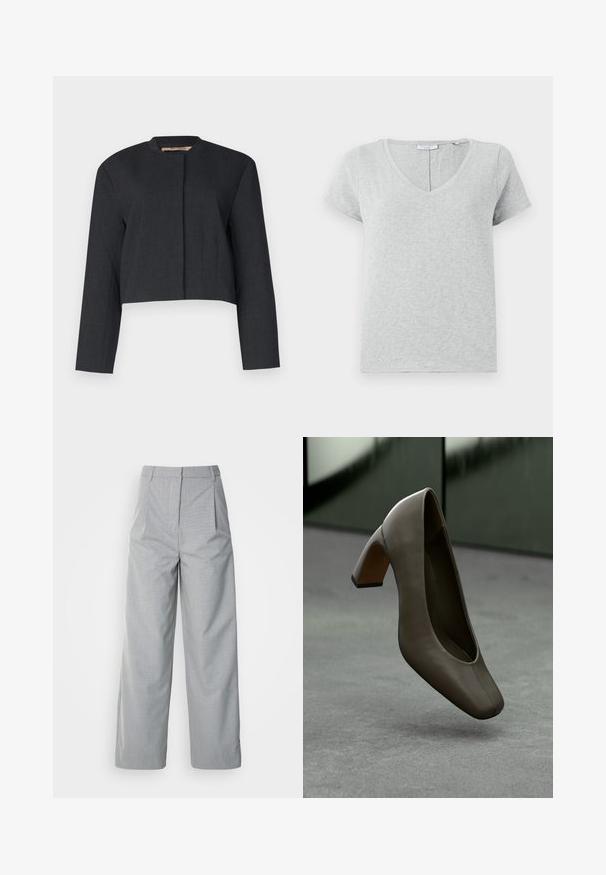 Afkortet mørkegrå jakke lavet af tekstureret stof, med lange ærmer og en rund halsudskæring samt et rent frontdesign.; Grå kortærmet T-shirt lavet af blødt stof med V-hals og en afslappet pasform. Har subtil tekstur og et enkelt design.; Grå bredebukser lavet af tekstureret stof, med høj talje, læg foran og en lige pasform ned til kanten.; Mørke olivengrøn lædersko med høj hæl, firkantet tå og blokhæl, svævende over et gråt betongulv med en sløret grøn baggrund.