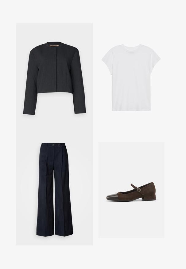 Afkortet mørkegrå jakke lavet af tekstureret stof, med lange ærmer og en rund halsudskæring samt et rent frontdesign.; Hvid kortærmet t-shirt med rund hals, afslappet pasform, lavet af blødt bomuldsstof. Glat tekstur, ingen mønstre eller logoer.; Marineblå stribede bredbenede bukser med to frontknapper, skræddersyet design, præget fold foran og en glat tekstur.; Brun ruskind Mary Jane-sko med en sort laklæder tåhætte, justerbar rem og en lav blokhæl. Glat tekstur med minimale detaljer.