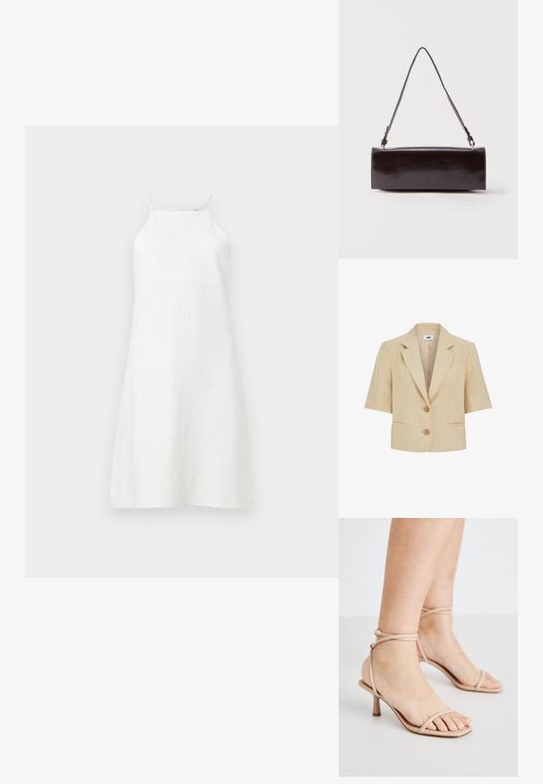 Blazer beige à manches courtes avec fines rayures blanches, revers crantés, deux boutons et deux poches avant passepoilées.; Robe midi blanche sans manches avec fines bretelles et coupe droite légèrement évasée, présentée sur un fond clair.; Sandales nues à brides avec une fine bride de cheville, un design à bout carré et un petit talon carré. Texture lisse avec un minimum de détails.; Sac à main rectangulaire en cuir noir avec une longue bandoulière unique et une finition brillante, présenté sur un fond blanc uni.