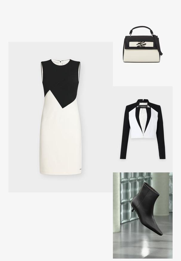 Blazer court avec des panneaux noirs et blancs, manches longues et fermeture éclair à l'avant. Présente un col cranté et une texture de tissu lisse.; Robe sans manches longueur genou avec sur-couche asymétrique noire sur le haut et jupe blanche, encolure ronde et fermeture éclair au dos.; Bottine en cuir noir avec bout pointu et petit talon, présentée devant un mur en blocs de verre et un sol poli.; Sac à main en cuir noir et blanc avec poignée supérieure, bandoulière réglable et logo métallique stylisé sur le rabat avant.