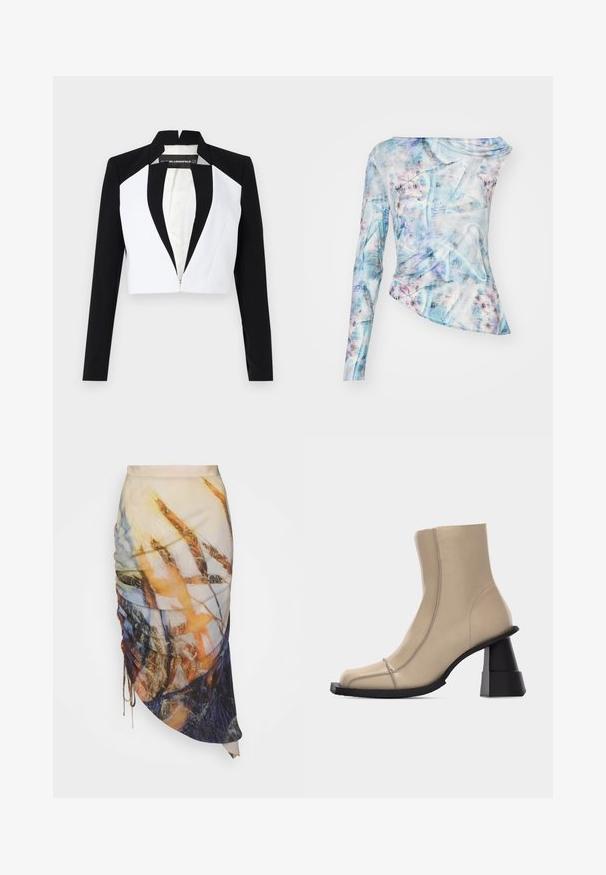 Blazer court avec des panneaux noirs et blancs, manches longues et fermeture éclair à l'avant. Présente un col cranté et une texture de tissu lisse.; Top asymétrique à manches longues dans un motif abstrait bleu et rose, présentant une texture froncée et un col rond. Fabriqué en tissu léger.; Materiel DIAGONAL GATHERED SKIRT - Jupe crayon - golden hour; Bottine beige en cuir avec bout carré, couture visible, et talon bloc noir sculpté et épais sur fond blanc.