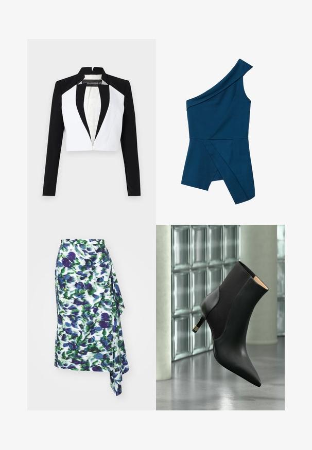 Blazer court avec des panneaux noirs et blancs, manches longues et fermeture éclair à l'avant. Présente un col cranté et une texture de tissu lisse.; Top asymétrique en tissu bleu profond avec un décolleté drapé, un ourlet angulaire et un détail de surcouche sur le côté, créant une silhouette structurée.; Jupe portefeuille florale blanche, présentant des motifs éclaboussures bleus et verts, en tissu doux, avec un ourlet asymétrique et un détail drapé sur le côté.; Bottine noire à bout pointu avec talon kitten et panneau latéral, flottant au-dessus d’un sol réfléchissant devant des fenêtres en blocs de verre.