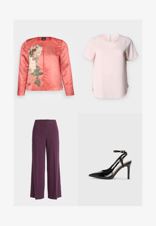 Veste en satin corail présentant un motif floral de roses blanches et de feuilles vertes, avec un col rond et une fermeture à l'avant. Manches longues incluses.; Blouse rose clair à manches courtes avec un col rond et une ouverture en goutte d'eau au dos. Confectionnée dans un tissu texturé, elle présente une coupe décontractée avec des fentes sur les côtés.; Pantalon violet à jambes larges et taille haute, avec fermeture à boutons et zip, tissu lisse, et une section de ceinture élastiquée à l'arrière.; Escarpin en cuir verni noir à talon haut, avec un bout pointu, une bride réglable à la cheville et des côtés ouverts. Texture lisse.
