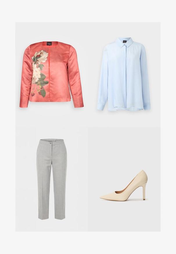 Veste en satin corail présentant un motif floral de roses blanches et de feuilles vertes, avec un col rond et une fermeture à l'avant. Manches longues incluses.; Blouse bleu clair à manches longues avec boutons cachés sur le devant et col classique, présentée sur un fond neutre.; Pantalon gris clair sur mesure avec une taille haute, une fermeture à boutons à l'avant, et des jambes droites et fines.; Escarpin en cuir beige à talon haut avec un bout pointu et un détail découpé sur le côté, possédant un talon stiletto fin pour le soutien.