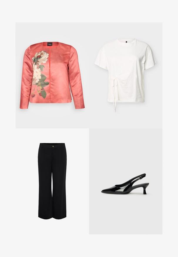 Korallfarvet satinjakke med blomsterprint af hvide roser og grønne blade, rund neckline og lukning foran. Lange ærmer inkluderet.; Hvid kortærmet bomuldst-shirt med rund halsudskæring og justerbar bindedetalje i siden på en ensfarvet baggrund.; Sorte bukser med vide ben, foran knaplukning og bæltestropper, skræddersyet til en løs og komfortabel pasform.; Sorte patenterede slingback-sko med spidse tæer og lav blokhæl. Justerbar spænde-rem ved anklen.