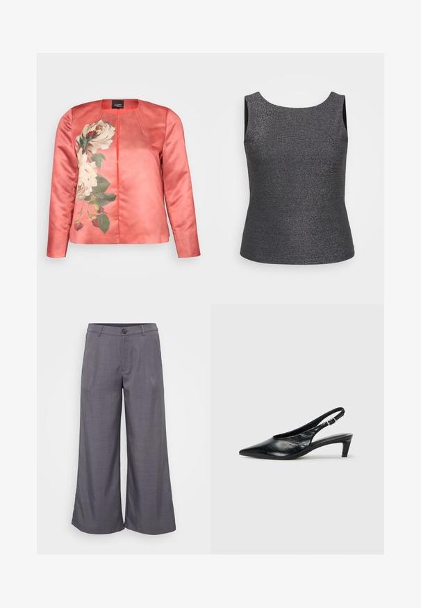 Veste en satin corail présentant un motif floral de roses blanches et de feuilles vertes, avec un col rond et une fermeture à l'avant. Manches longues incluses.; Débardeur sans manches en gris foncé avec un éclat métallique, doté d'un col rond et d'une coupe ajustée, fabriqué à partir d'un tissu texturé.; Pantalons larges gris en tissu lisse, avec une fermeture par bouton à l'avant, des plis et une coupe décontractée jusqu'à la cheville.; Escarpin à bride arrière en cuir noir avec un bout pointu, un petit talon et une sangle à boucle réglable. Texture lisse avec un minimalisme dans les détails.