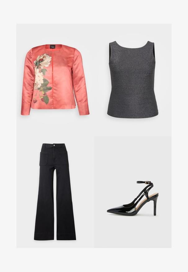 Veste en satin corail présentant un motif floral de roses blanches et de feuilles vertes, avec un col rond et une fermeture à l'avant. Manches longues incluses.; Débardeur sans manches en gris foncé avec un éclat métallique, doté d'un col rond et d'une coupe ajustée, fabriqué à partir d'un tissu texturé.; Pantalon noir taille haute à jambes larges avec poches plaquées avant et fermeture par boutons, posé à plat sur un fond clair uni.; Escarpin en cuir verni noir à talon haut, avec un bout pointu, une bride réglable à la cheville et des côtés ouverts. Texture lisse.