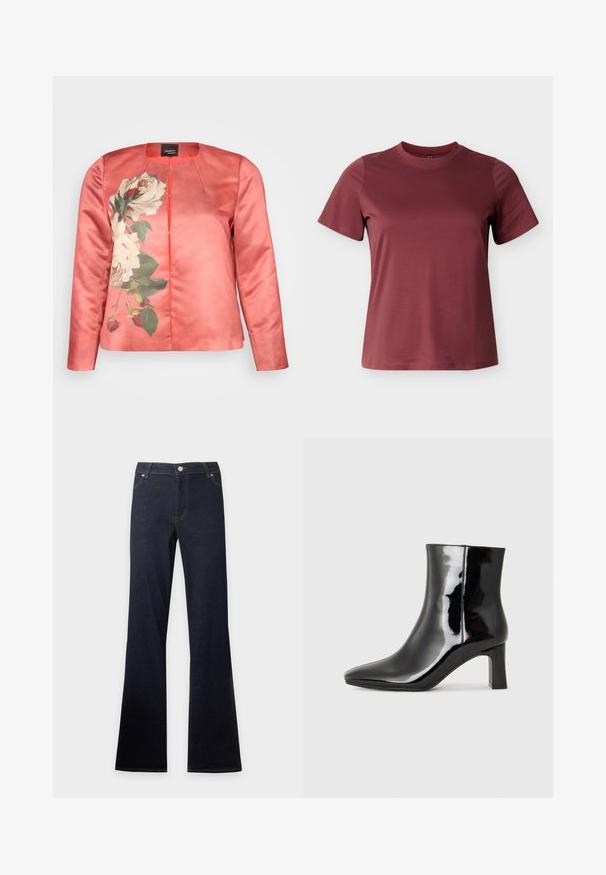 Veste en satin corail présentant un motif floral de roses blanches et de feuilles vertes, avec un col rond et une fermeture à l'avant. Manches longues incluses.; T-shirt bordeaux à manches courtes en coton doux, avec un col rond et une texture lisse et uniforme sans motifs ni accents visibles.; Jean en denim bleu foncé avec une taille haute et des jambes évasées, avec poches avant, bouton et fermeture éclair.; Bottines en cuir verni noir avec un bout pointu et un talon block de hauteur moyenne. Texture lisse et design minimaliste.
