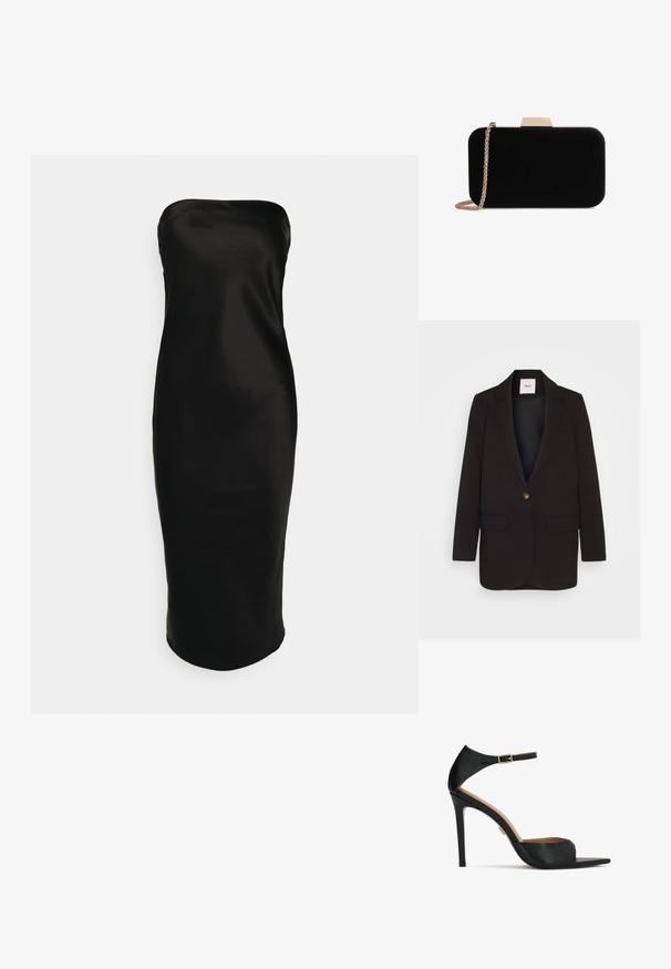 Blazer noir avec une fermeture à un bouton, deux poches avant, revers crantés et une texture lisse. Étiquette visible à l'intérieur du col.; Gina Tricot TUBE MIDI DRESS - Robe de soirée - black; Sandale noire à talon haut avec bride à la cheville et boucle dorée, bout ouvert et talon aiguille fin sur fond blanc.; Pochette en velours noir avec quincaillerie dorée, de forme rectangulaire, et une bandoulière en chaîne, présentant une texture lisse et sans motifs visibles.