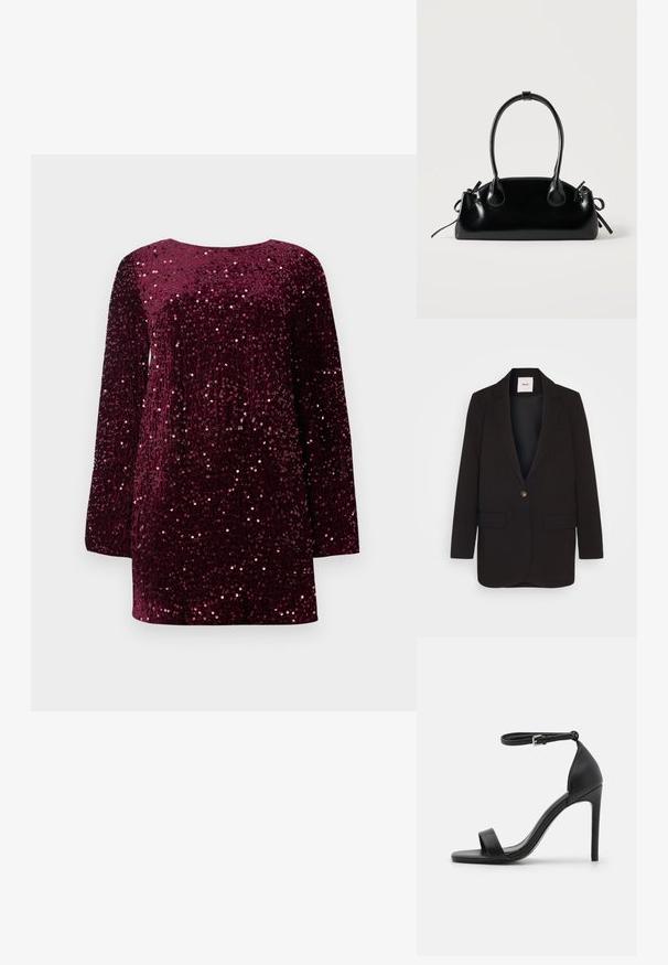 Blazer noir avec une fermeture à un bouton, deux poches avant, revers crantés et une texture lisse. Étiquette visible à l'intérieur du col.; Robe en velours bordeaux à manches longues, ornée de sequins scintillants, avec un col rond et une coupe décontractée.; Sandale noire à talons hauts au design épuré, avec une bride au niveau de la cheville, un bout ouvert et une texture en cuir lisse.; Petit sac à main noir brillant avec deux longues anses et des détails à cordon sur les côtés sur un fond clair uni.