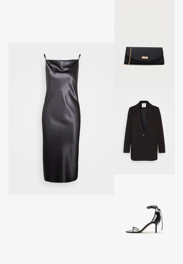 Blazer noir avec une fermeture à un bouton, deux poches avant, revers crantés et une texture lisse. Étiquette visible à l'intérieur du col.; Samsøe Samsøe FREDERICKA LONG DRESS - Robe de soirée - ombre dark; Sandale noire à talon haut avec fines brides, lien autour de la cheville et talon aiguille de hauteur moyenne sur fond blanc.; Pochette noire avec une chaîne dorée et une petite plaque rectangulaire dorée sur le rabat avant.