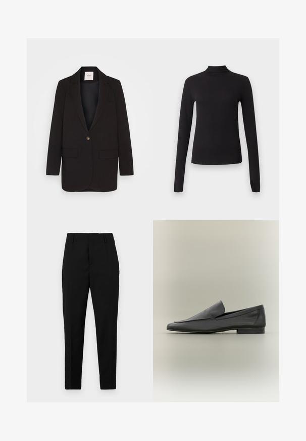 Blazer noir avec une fermeture à un bouton, deux poches avant, revers crantés et une texture lisse. Étiquette visible à l'intérieur du col.; Haut noir ajusté à manches longues avec col montant, présenté sur un fond gris clair uni.; Pantalons noirs avec une coupe ajustée, dotés de poches latérales, d'une texture lisse et d'un design épuré qui se resserre vers la cheville.; Mocassins en cuir noir avec une finition lisse, un bout pointu et un design minimaliste. Talon bas empilé et accents de couture subtils.