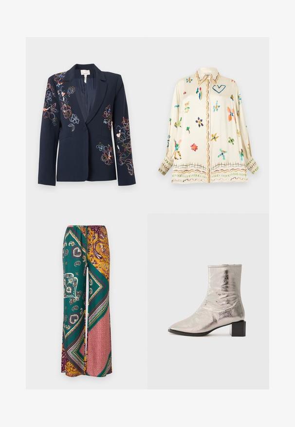 Blazer bleu marine avec fermeture à un bouton arborant une broderie florale colorée sur l'épaule gauche, la manche droite et les poches avant.; Chemise crème à manches longues avec boutons, motifs abstraits floraux et cœurs colorés, détails ondulés sur le col, le devant, les poignets et l'ourlet.; Pantalon large ample avec un imprimé patchwork paisley et géométrique en vert, moutarde, bordeaux et rouge, doté d'une taille élastique et d'un cordon de serrage.; Bottine argent métallique avec un bout pointu et un talon bloc. Texture lisse, design épuré et détails de couture minimalistes.