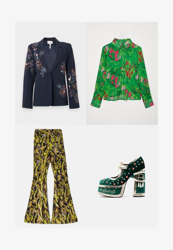Blazer bleu marine avec fermeture à un bouton arborant une broderie florale colorée sur l'épaule gauche, la manche droite et les poches avant.; Chemise verte à boutons avec des motifs floraux en rose et rouge. Présente un col classique et des manches longues avec un ourlet droit. Tissu texturé.; AKNVAS EXCLUSIVE LENNON BEADED PANT - Pantalon classique - ink citrine; Chaussure à plateforme en velours vert avec des clous décoratifs rouges et argentés, des brides en perles, une bordure dorée, une broderie et un talon bloc avec des perles pendantes et un charme "B".