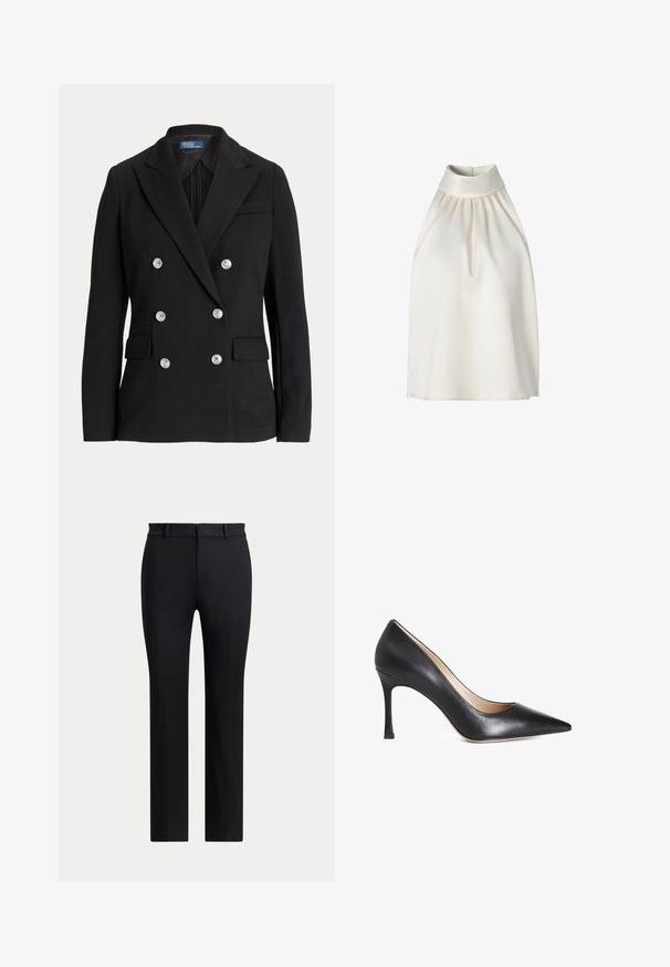Blazer negro de doble botonadura hecho de tela suave, con botones plateados, solapa con muesca, dos bolsillos frontales y un diseño de corte ajustado.; Top sin mangas con cuello halter en suave tela color crema, con pliegues en la parte delantera, un cuello alto y un dobladillo recto.; Pantalones negros de pierna recta con trabillas y un corte ajustado, mostrados sobre un fondo claro y liso.; Zapato de tacón alto de cuero negro con punta afilada, diseño elegante y tacón de stiletto delgado. Textura suave con detalles mínimos.
