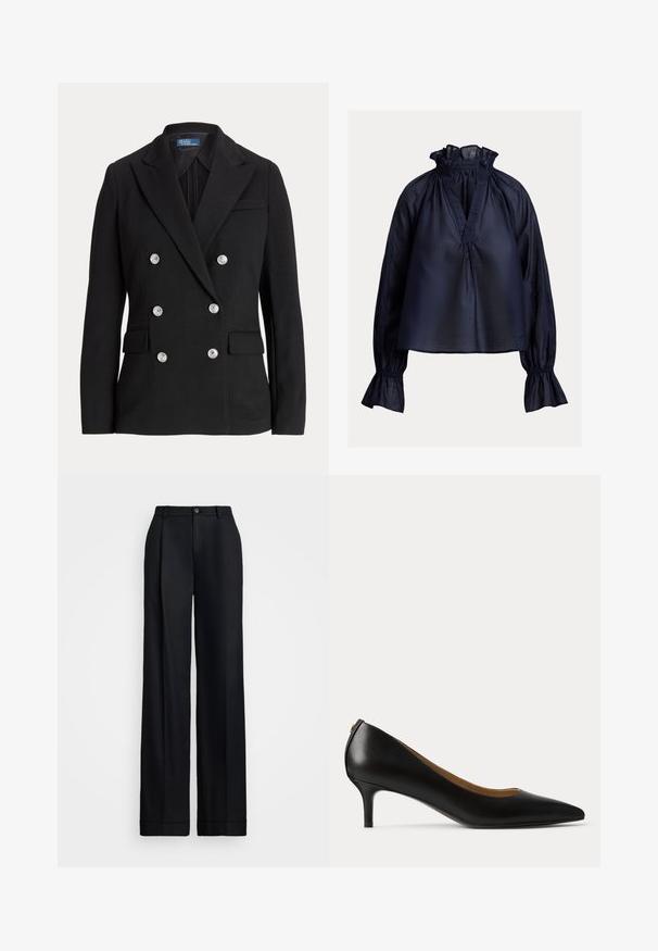 Sort dobbeltradet blazer lavet af glat stof, med sølvfarvede knapper, hakket revers, to forlommer og et slankt snit.; Marineblå bluse med lange ærmer, flæset høj hals og samlede manchetter, med V-hals og løs pasform.; Sorte brede bukser med en glat overflade, flad front, bæltesløjfer og en enkelt knaplukning i taljen.; Sort læderpump med spids tå, lav kitten hæl og glat finish, vist fra siden på en ensartet lys baggrund.