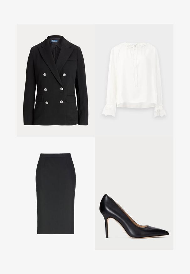 Sort dobbeltradet blazer lavet af glat stof, med sølvfarvede knapper, hakket revers, to forlommer og et slankt snit.; Hvid langærmet bluse lavet af glat stof, med rund halsudskæring, knaplukning og blondebesatte håndled. Justeres med et bånd ved halsen.; Sort knælængde pencilskørt med tilpasset talje og diskrete forstykninger for form, vist fladt på en hvid baggrund.; Sorte læder højhælede pumper med spids tå og en slank stiletto hæl. Den glatte tekstur og de minimale detaljer skaber et klassisk design.