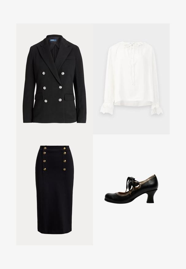 Sort dobbeltradet blazer lavet af glat stof, med sølvfarvede knapper, hakket revers, to forlommer og et slankt snit.; Hvid langærmet bluse lavet af glat stof, med rund halsudskæring, knaplukning og blondebesatte håndled. Justeres med et bånd ved halsen.; Sort høj talje blyantskørt med lodrette guldknapper arrangeret i to rækker nær den forreste taljelinje.; Sort læder sko med mellem-hæl, metallisk kant, rund tå og sort båndsnøring bundet i en sløjfe på siden.