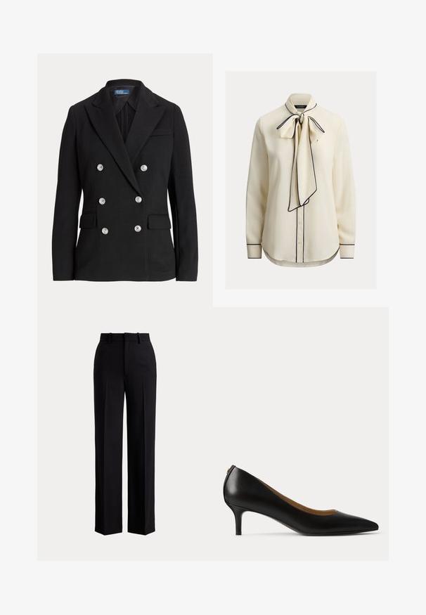 Zwarte dubbelgeknoopte blazer van gladde stof, met zilveren knopen, een notch-revers, twee voorzakken en een slanke pasvorm.; Crèmekleurige blouse met striksluiting aan de kraag, marineblauwe bies, lange mouwen, knoopsluiting en een gladde stoftextuur. Getailleerde pasvorm, afgeronde zoom.; Zwarte broek met hoge taille en wijde pijpen, met riemlussen, plooien vooraan en een verborgen sluiting op een effen lichte achtergrond.; Zwarte leren pump met puntige neus, lage kittenhak en een gladde afwerking, zijaanzicht op een effen lichte achtergrond.
