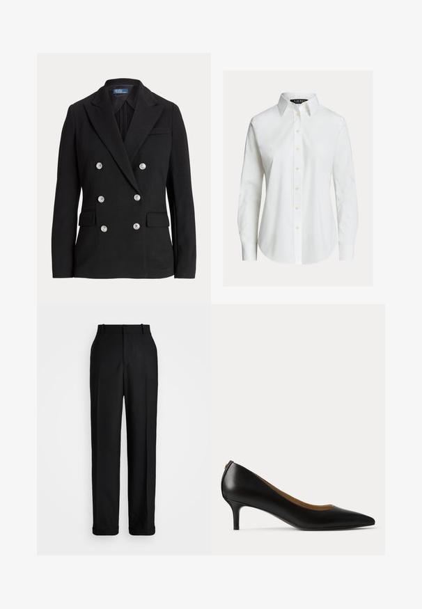 Blazer negro de doble botonadura hecho de tela suave, con botones plateados, solapa con muesca, dos bolsillos frontales y un diseño de corte ajustado.; Camisa blanca de manga larga con botones en el frente, cuello puntiagudo y dobladillo ligeramente curvado.; Polo Ralph Lauren HIGH RISE RELAXED STRAIGHT TROUSER - Pantalones - black; Zapato de salón de cuero negro con punta puntiaguda, tacón bajo tipo kitten y acabado liso, mostrado de perfil sobre un fondo claro y sencillo.