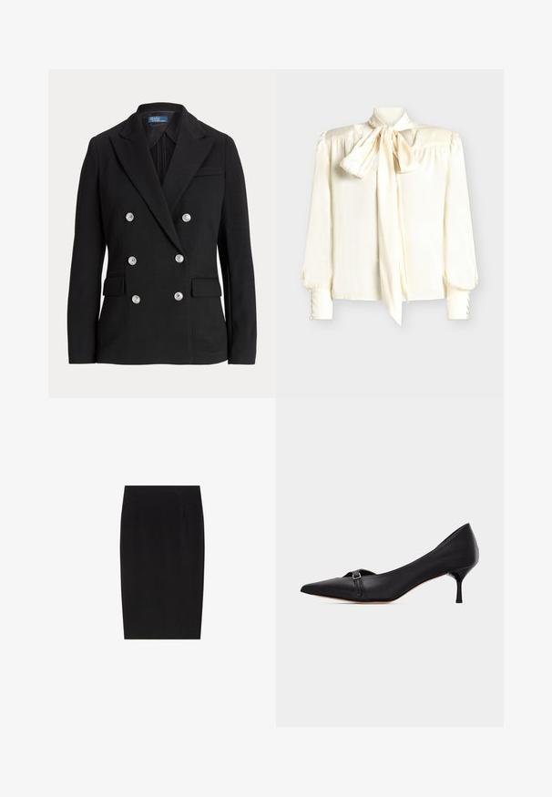 Sort dobbeltradet blazer lavet af glat stof, med sølvfarvede knapper, hakket revers, to forlommer og et slankt snit.; Flødefarvet bluse med sløjfehals, lange ærmer med knapdetaljer ved manchetterne og en glat, skinnende tekstur.; Sort knælængde blyantsnederdel med stram talje og diskret sømdetaljering på frontens sider, enkelt design.; Sort læder kitten heel med spids tå og en lille spænde-rem over fronten, vist mod en ensfarvet hvid baggrund.