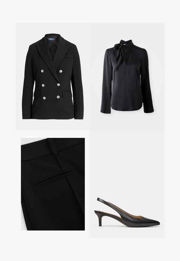 Zwarte dubbelgeknoopte blazer van gladde stof, met zilveren knopen, een notch-revers, twee voorzakken en een slanke pasvorm.; Zwarte langemouwen blouse van gladde stof met een V-hals en een gestrikt kraagdetail. Heeft een rechte snit en subtiele stikaccenten.; Zwarte broek van gladde stof, met een vlakke voorkant en een enkele achterzak met een gleufopening.; Zwarte leren slingback met puntige neus, lage kittenhak en een dunne band om de hiel.