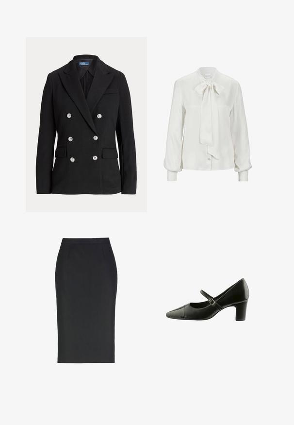 Zwarte dubbelgeknoopte blazer van gladde stof, met zilveren knopen, een notch-revers, twee voorzakken en een slanke pasvorm.; Witte blouse van gladde stof, met een strik aan de kraag, lange pofmouwen en een knoopsluiting aan de voorkant.; Zwarte kokerrok tot op de knie met een aansluitende taille en subtiele voorkanten voor vormgeving, plat weergegeven op een witte achtergrond.; Zwarte lakleren Mary Jane schoen met een puntige neus, getextureerde bovenkant, verstelbare gesp en een gematigde blokhak.