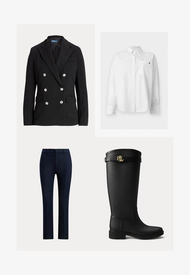 Zwarte dubbelgeknoopte blazer van gladde stof, met zilveren knopen, een notch-revers, twee voorzakken en een slanke pasvorm.; Wit overhemd met lange mouwen en knopen, puntkraag en voorzak met klein zwart "CK"-logo op de linkerborst.; Donker marineblauwe, op maat gemaakte, rechte broek met riemlussen en een rits aan de voorkant op een witte achtergrond.; Zwarte regenlaars tot net onder de knie met een lage hak en een gouden RLL-logo gesp dicht bij de bovenkant op een effen lichte achtergrond.