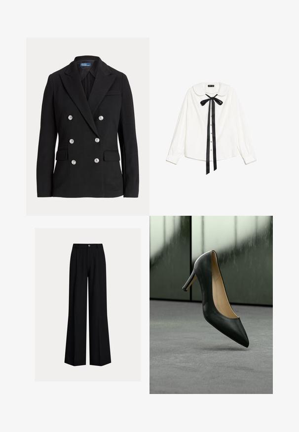 Blazer negro de doble botonadura hecho de tela suave, con botones plateados, solapa con muesca, dos bolsillos frontales y un diseño de corte ajustado.; Blusa blanca de manga larga con cuello Peter Pan, lazo de satén negro en el cuello y botones de perla en la parte delantera.; Pantalones negros de pierna ancha con botón delantero, trabillas para el cinturón y pretina plana, mostrados sobre un fondo claro y sencillo.; Zapato de tacón alto de cuero negro con punta afilada que levita sobre un suelo alfombrado gris frente a paneles de vidrio esmerilado.