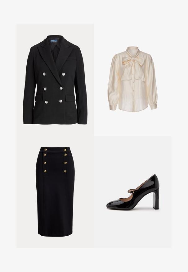 Zwarte dubbelgeknoopte blazer van gladde stof, met zilveren knopen, een notch-revers, twee voorzakken en een slanke pasvorm.; Crèmekleurige satijnen blouse met lange opgepofte mouwen, knoopsluiting aan de voorkant en een grote gestrikte strik bij de kraag.; Zwarte knielange kokerrok met een verticaal voorpaneel en twee rijen van zes gouden decoratieve knopen.; Zwarte lakleren Mary Jane hoge hak schoen met een afgeronde neus en een klein gespspannetje over de wreef op een witte achtergrond.