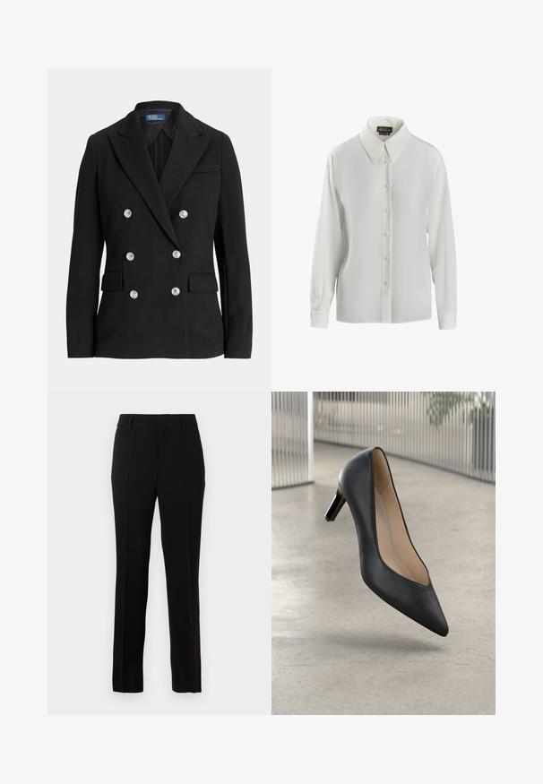 Blazer negro de doble botonadura hecho de tela suave, con botones plateados, solapa con muesca, dos bolsillos frontales y un diseño de corte ajustado.; Luisa Spagnoli LIMONAIA - Blusa - panna; Pantalones negros ajustados hechos de una tela suave, con un corte recto, líneas de pliegue, trabillas para cinturón y cierre de cremallera.; Zapato de tacón alto de cuero negro con punta afilada y una silueta elegante, con un tacón bajo y un forro interior suave.