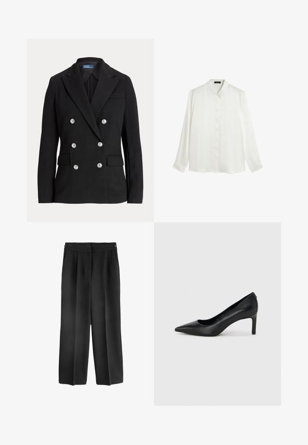 Blazer negro de doble botonadura hecho de tela suave, con botones plateados, solapa con muesca, dos bolsillos frontales y un diseño de corte ajustado.; Blusa blanca de manga larga hecha de una tela suave, con cuello clásico, cierre frontal de botones y puños abotonados. Diseño simple y minimalista.; Pantalones de pierna ancha negros con cintura alta, que presentan pliegues delanteros y bolsillos laterales. Confeccionados con una tela suave y ligera.; Zapato de salón negro de piel con punta afilada y tacón delgado de altura media sobre un fondo liso de color gris claro.