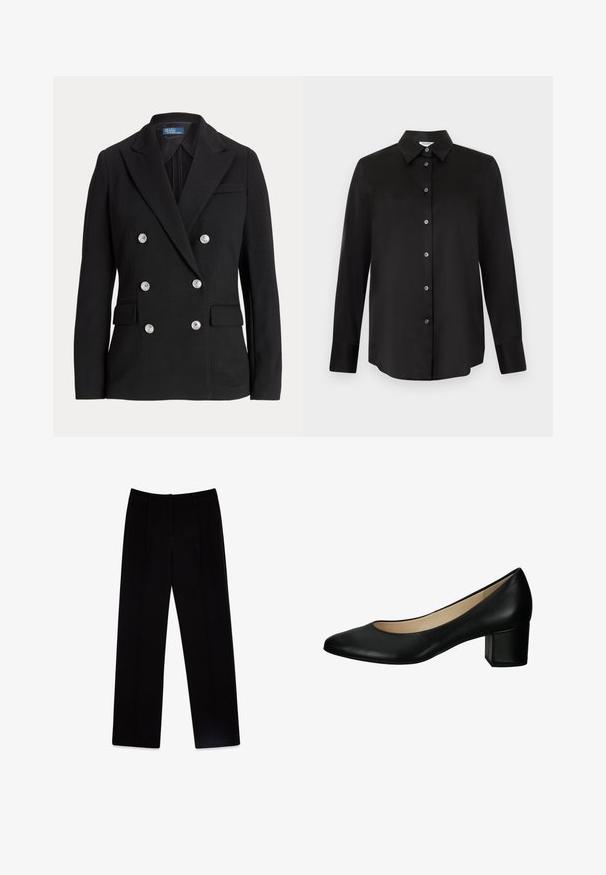 Blazer negro de doble botonadura hecho de tela suave, con botones plateados, solapa con muesca, dos bolsillos frontales y un diseño de corte ajustado.; Camisa negra de manga larga con botones, cuello puntiagudo y siete botones, mostrada sobre un fondo gris claro.; Pantalones negros de corte ajustado hechos de tela tejida. Presentan un diseño de pierna recta, dos pliegues frontales y una textura suave y mate.; Zapato de tacón negro de cuero con punta redondeada, tacón bajo cuadrado y textura suave. Diseño simple sin patrones visibles ni herrajes.