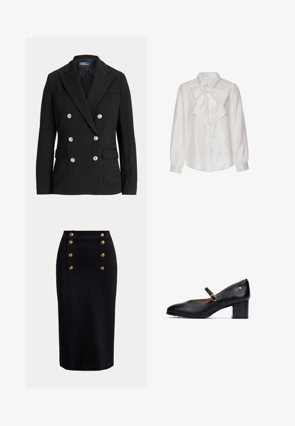 Blazer noir croisé en tissu lisse, avec des boutons argentés, un col cranté, deux poches avant et une coupe slim.; Blouse blanche en satin à manches longues avec boutons en perles et grand nœud décoratif noué au col, poignets ajustés.; Jupe crayon noire taille haute avec des boutons dorés verticaux disposés en deux rangées près de la ceinture avant.; Chaussure Mary Jane en cuir noir avec un bout rond, une sangle de cheville avec une boucle ronde et un talon en bois de hauteur moyenne. Accents texturés sur le talon.