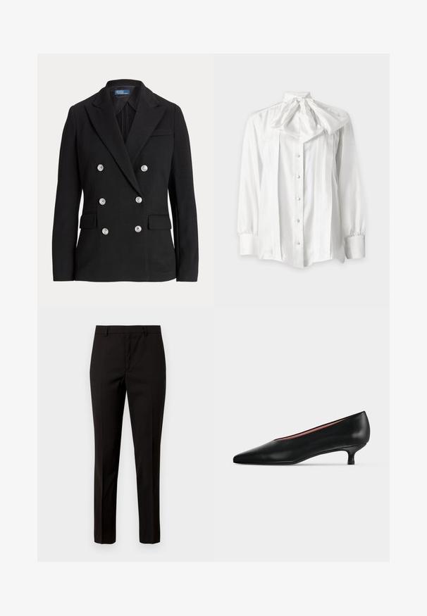 Zwarte dubbelgeknoopte blazer van gladde stof, met zilveren knopen, een notch-revers, twee voorzakken en een slanke pasvorm.; Witte blouse met lange mouwen, knopen aan de voorkant en een grote strik bij de hals, met geplooide details aan de voorkant.; Zwarte op maat gemaakte broek met een recht pijpontwerp, gemaakt van gladde stof, met een rechte uitvoering aan de voorkant en riemlussen. Geen zichtbare patronen of accenten.; Zwarte leren pump met een puntige neus en lage kittenhak, zijaanzicht op een effen lichte achtergrond.