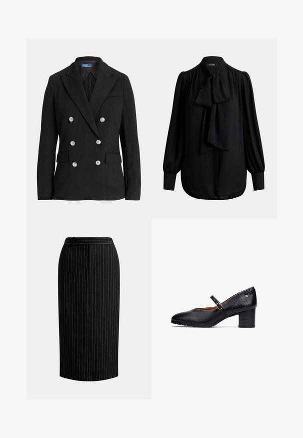 Sort dobbeltradet blazer lavet af glat stof, med sølvfarvede knapper, hakket revers, to forlommer og et slankt snit.; Sort bluse med lange ærmer, plisserede skuldre, stor sløjfe foran, manchetknapper og afrundet kant.; Sort knælængde blyantnederdel med tynde lodrette hvide nålestriber og en detaljeret linning med knapper.; Sorte læder Mary Jane sko med rund tå, ankelrem med en rund spænde og en mid-høj træblok hæl. Teksturerede detaljer på hælen.