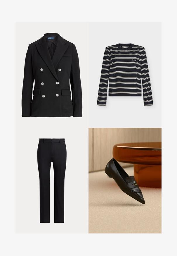 Schwarzer, doppelt geknöpfter Blazer aus glattem Stoff, mit silbernen Knöpfen, Reverskragen mit Kerbe, zwei Fronttaschen und schlankem Schnitt.; Langärmliges schwarzes Oberteil mit weißen horizontalen Streifen und Barbour-Logo auf der linken Brustseite, Rundhalsausschnitt und regulärer Passform.; Schwarze gerade geschnittene Hose mit Gürtelschlaufen und schmaler Passform, vor einem einfarbigen hellen Hintergrund gezeigt.; Schwarzer spitz zulaufender Leder-Loafer mit Fransen-Detail, auf beigem Teppich neben einem runden orangenen Glastisch positioniert.
