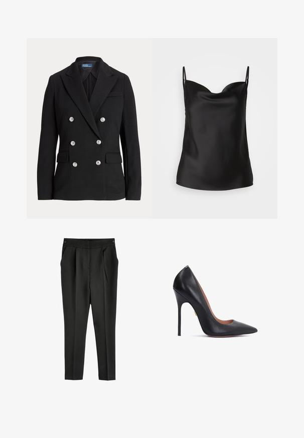 Sort dobbeltradet blazer lavet af glat stof, med sølvfarvede knapper, hakket revers, to forlommer og et slankt snit.; Sort satin camisole med en dyb udskæring, tynde stropper og en glat, skinnende tekstur. Enkel, klassisk design uden udsmykninger.; Højtaljede sorte bukser med struktureret finish, der har frontfolder, sidelommer og en knaplukning i livet.; Sort læder høje hæle pumper med spids tå, slank stiletthæl og buet halsudskæring. Glat tekstur og guldaccent nær hælen.