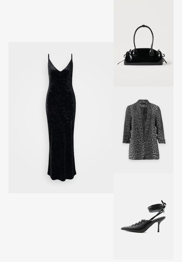 Sort og grå leopardprint blazer med lange ærmer, åben front og glat stof. Har sjalskrave og afslappet pasform.; Sort fløjl lang kjole med V-hals, tætsiddende pasform, justerbare stropper og et diskret rosemønster over hele kjolen. Glat tekstur, gulvlængde design.; Sort spids sko med høje hæle, snørelukning foran og omlægning omkring anklerne bundet med sløjfe, vist fra siden på hvid baggrund.; Lille sort blank håndtaske med to lange håndtag og snøre-detaljer i siden på en ensfarvet lys baggrund.