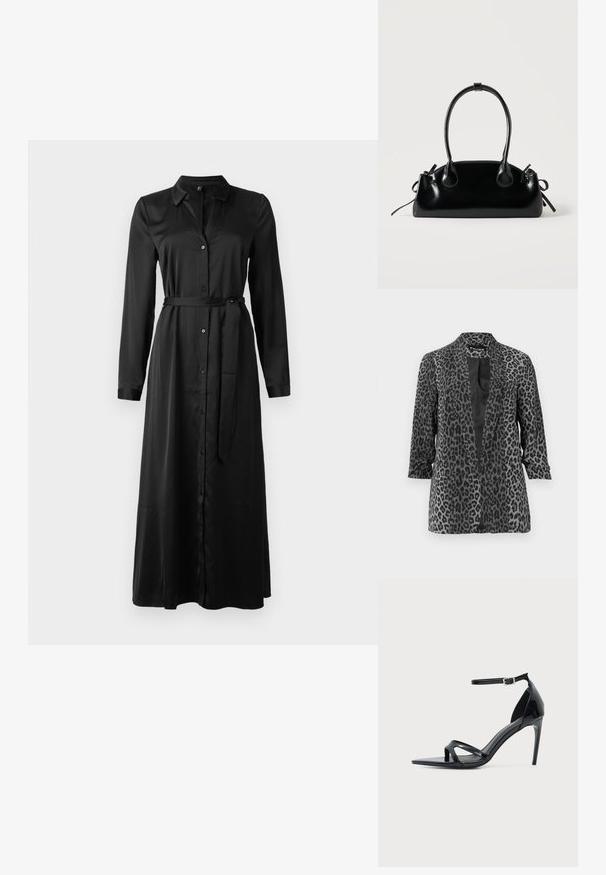 Schwarzer und grauer Leopardenmuster-Blazer mit langen Ärmeln, offenem Frontbereich und glattem Stoff. Verfügt über einen Schalkragen und eine lockere Passform.; Schwarzes, langärmliges Kleid mit Knopfverschluss vorne, Kragen und passendem Gürtel in der Taille. Glattes Material, knöchellang mit geradem Schnitt.; Schwarze Sandale aus Lackleder mit hohem Absatz, dünnem Knöchelriemen, offenem Zehenbereich und minimalistischem Design auf hellem, einfarbigem Hintergrund.; Kleine schwarze glänzende Handtasche mit zwei langen Griffen und seitlichen Kordelzug-Details vor einfachem hellem Hintergrund.