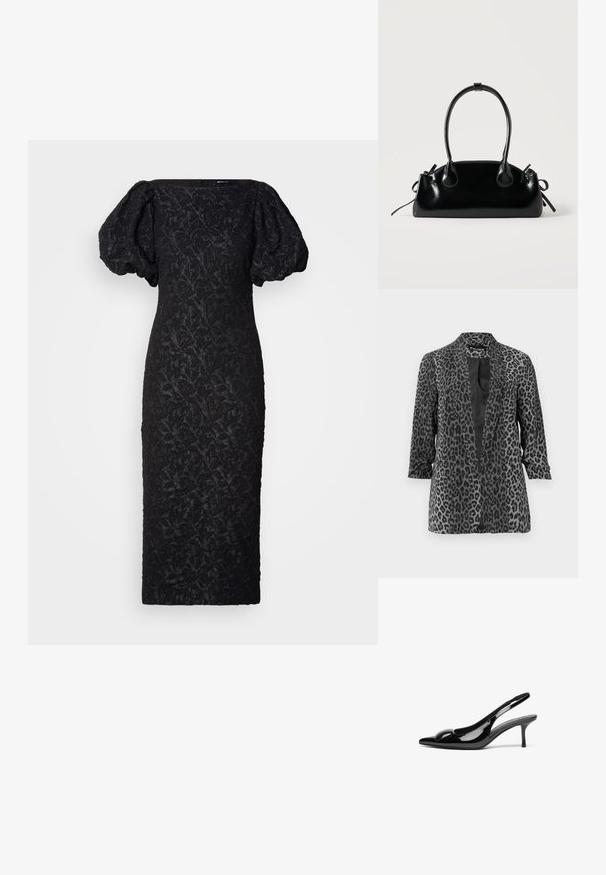 Blazer de leopardo negro y gris con mangas largas, frente abierto y tela suave. Cuenta con un cuello de chal y un corte relajado.; Vestido negro con mangas abullonadas, que presenta un patrón floral texturizado. El diseño es ajustado, con una silueta recta y escote cuadrado.; Tacones slingback de charol negro con punta afilada y acabado brillante. Presentan un tacón delgado y un acento redondeado en el empeine.; Pequeño bolso negro brillante con dos asas largas y detalles de cordón lateral sobre un fondo claro liso.