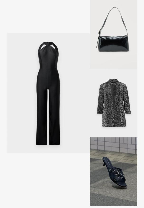 Zwarte en grijze luipaardprint blazer met lange mouwen, open voorkant en een gladde stof. Heeft een sjaalkraag en een relaxte pasvorm.; Zwarte jumpsuit met een halternek, met uitsparingen, een aansluitend lijfje en een wijde pasvorm. Gemaakt van soepele, rekbare stof.; Zwarte sandaal met hak en gekruiste banden met zilveren ogen en een ronde gesp, geplaatst op een getextureerde bestrating naast een betegelde muur.; Zwarte rechthoekige schoudertas met een enkele verstelbare band en een bovenste ritssluiting op een effen achtergrond.