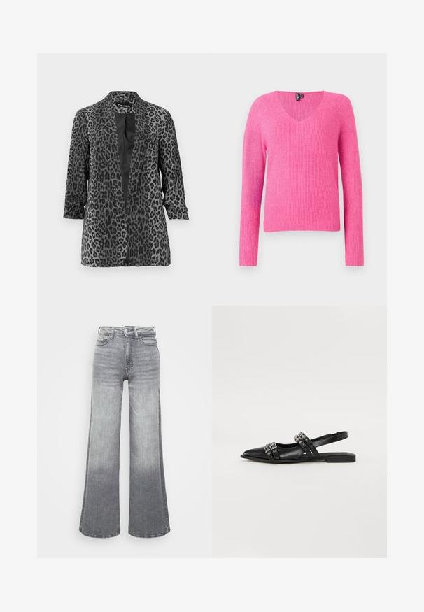 Zwarte en grijze luipaardprint blazer met lange mouwen, open voorkant en een gladde stof. Heeft een sjaalkraag en een relaxte pasvorm.; Roze gebreide trui met een V-hals, lange mouwen, ribbelstructuur en een losse pasvorm. Het materiaal heeft een zachte, licht glanzende afwerking.; Grijze denim wijde pijpen jeans met een licht naar donker verloop, voorzien van een hoge taille, vijf zakken en een klassieke knoopsluiting.; Even&Odd by Zalando Slingback ballerina´s - black