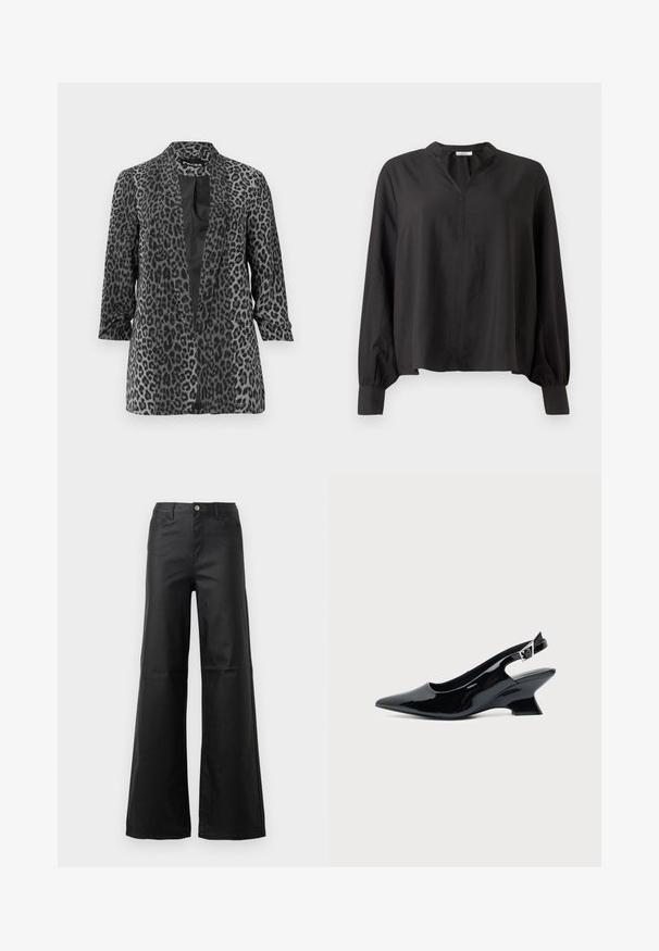 Sort og grå leopardprint blazer med lange ærmer, åben front og glat stof. Har sjalskrave og afslappet pasform.; Sort langærmet bluse med krave, afslappet pasform og elastiske manchetter. Fremstillet af letvægtsstof med en glat tekstur.; Sorte brede jeans lavet af glat denim, med knaplukning, forlommer og højtaljede design.; Sort laklæder slingback sko med spids tå og lav vinklet blokhæl på ensartet lys baggrund.