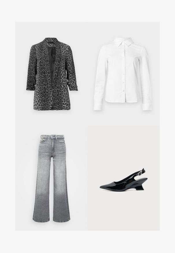Zwarte en grijze luipaardprint blazer met lange mouwen, open voorkant en een gladde stof. Heeft een sjaalkraag en een relaxte pasvorm.; Witte blouse met lange mouwen en knopen, met puntige kraag, rechte zoom en aansluitende silhouet, weergegeven op een effen lichte achtergrond.; Grijze denim wijde pijpen jeans met een licht naar donker verloop, voorzien van een hoge taille, vijf zakken en een klassieke knoopsluiting.; Zwarte lakleren slingback schoen met spitse neus en lage schuine blokhak op een effen lichte achtergrond.