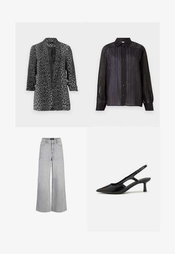 Schwarzer und grauer Leopardenmuster-Blazer mit langen Ärmeln, offenem Frontbereich und glattem Stoff. Verfügt über einen Schalkragen und eine lockere Passform.; Schwarzes, durchsichtiges Langarmhemd mit vertikalen Streifen, einer durchgehenden Knopfleiste und einem klassischen Kragen. Verfügt über schwarze Knöpfe und Akzente an den Manschetten.; Hellgraue Jeans mit weitem Bein, hoher Taille, vorderer Knopfleiste, Reißverschluss, Gürtelschlaufen und Markenetikett am Bund.; Schwarze Slingback-Absätze mit spitzer Zehenpartie, aus glänzendem Material gefertigt, mit ausgeschnittenen Akzenten und einem moderaten Absatz für Unterstützung.